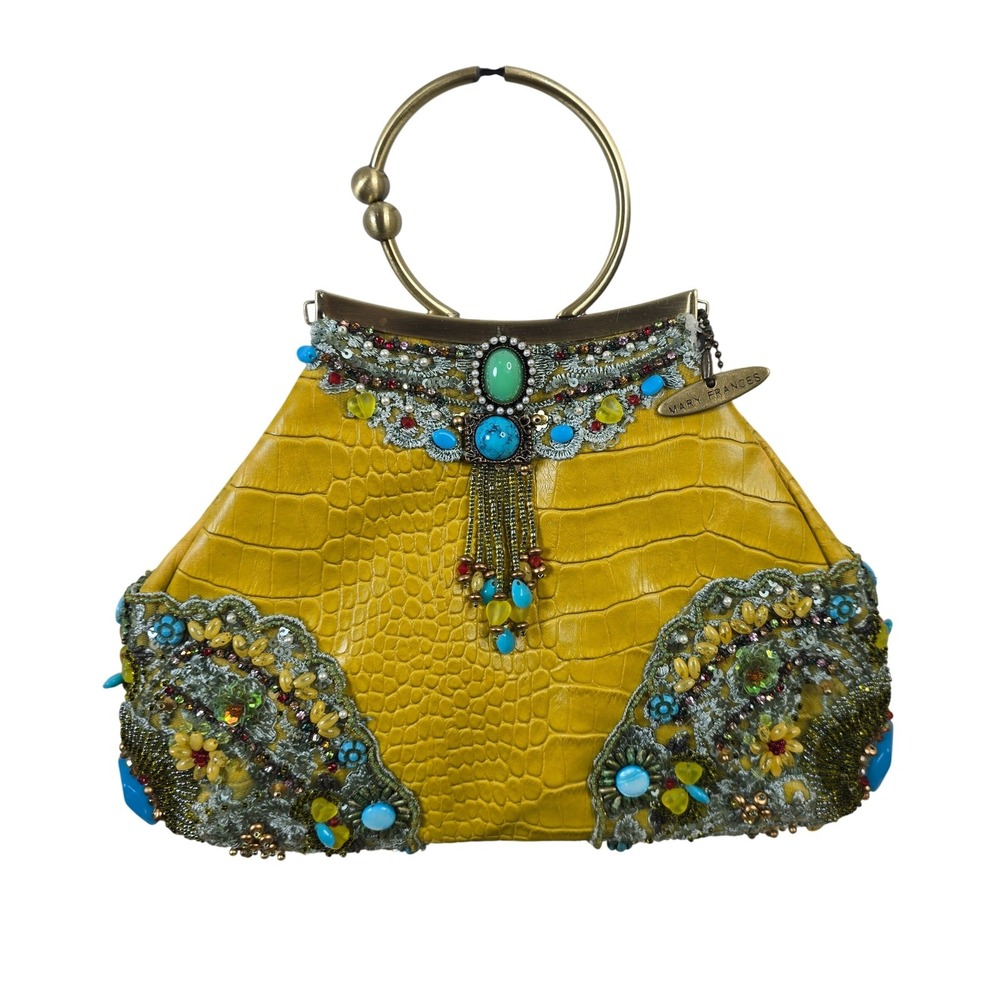 Mary Frances Lemon Drop Yellow Croc Beaded Handbag Bag 1362 Turquoise Boho